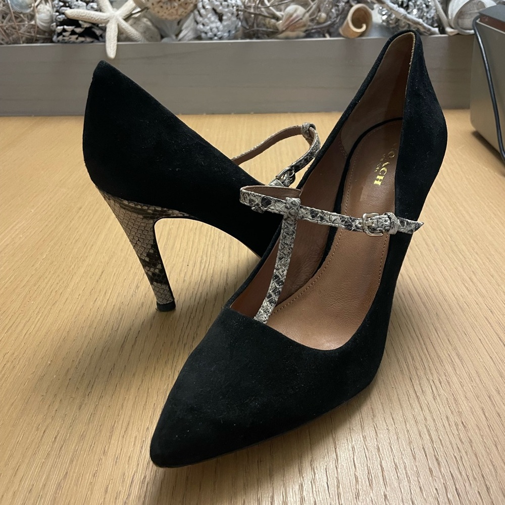 COACH FULTON Black Suede Snakeskin T-Strap Stiletto Pumps Size 11 B - Picture 7 of 12